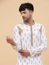 Men White And Brown Printed Kurta