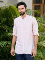 Peach Woven Striped Cotton Short Kurta