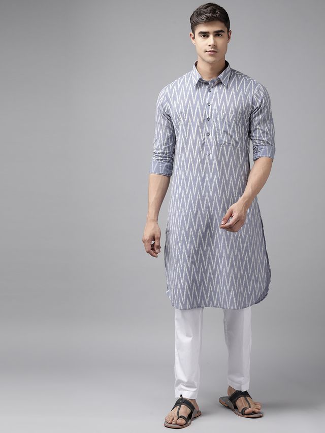 Men Light Grey Regular Pure Cotton Pathani Printed Men's Kurta With White Salwar