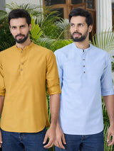 Men Pack Of 2 Mustard & Turquoise Blue Cotton Solid Short Kurta