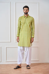 Men Lime Green Regular Pure Cotton Pathani Kurta With White Salwar