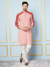 Men Pink And Maroon Thread Work Kurta