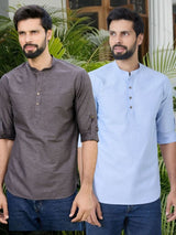 Men Pack Of 2 Brown & Turquoise Blue Cotton Solid Short Kurta