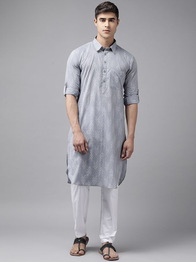 Men Light Grey Regular Pure Cotton Pathani Printed Men's Kurta With White Salwar