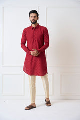 Men Maroon Regular Pure Cotton Pathani Kurta With Gold Pyjama