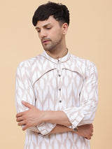 Men White And Coffee Ikat Printed Kurta