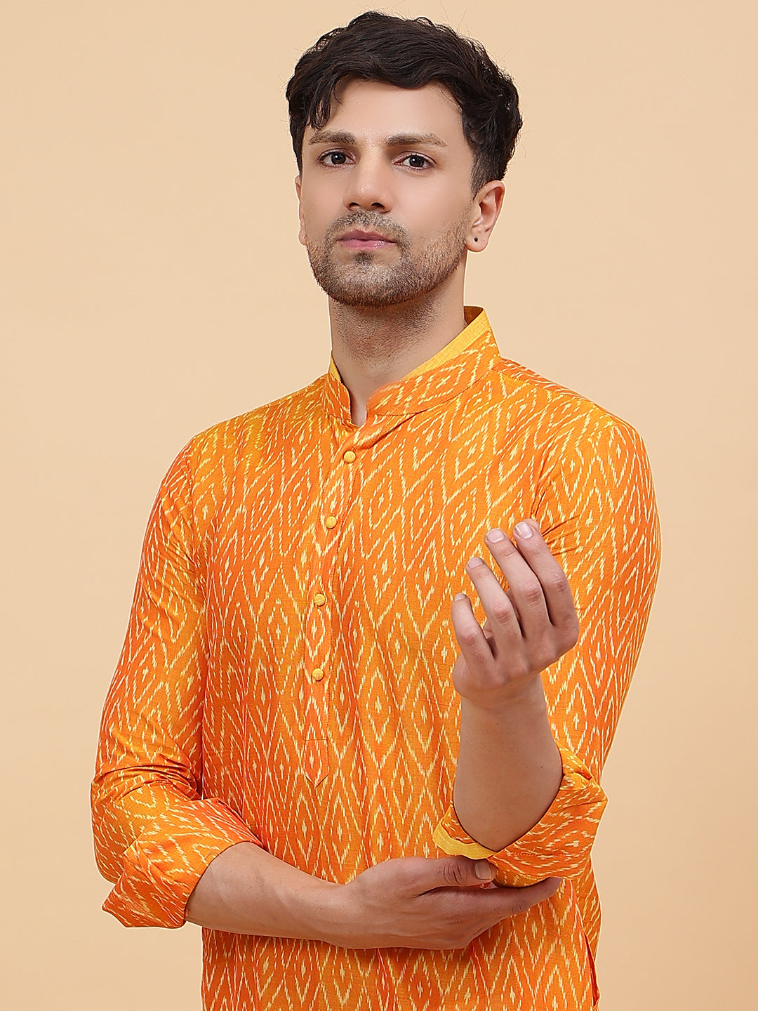 Men Orange And White Printed Kurta