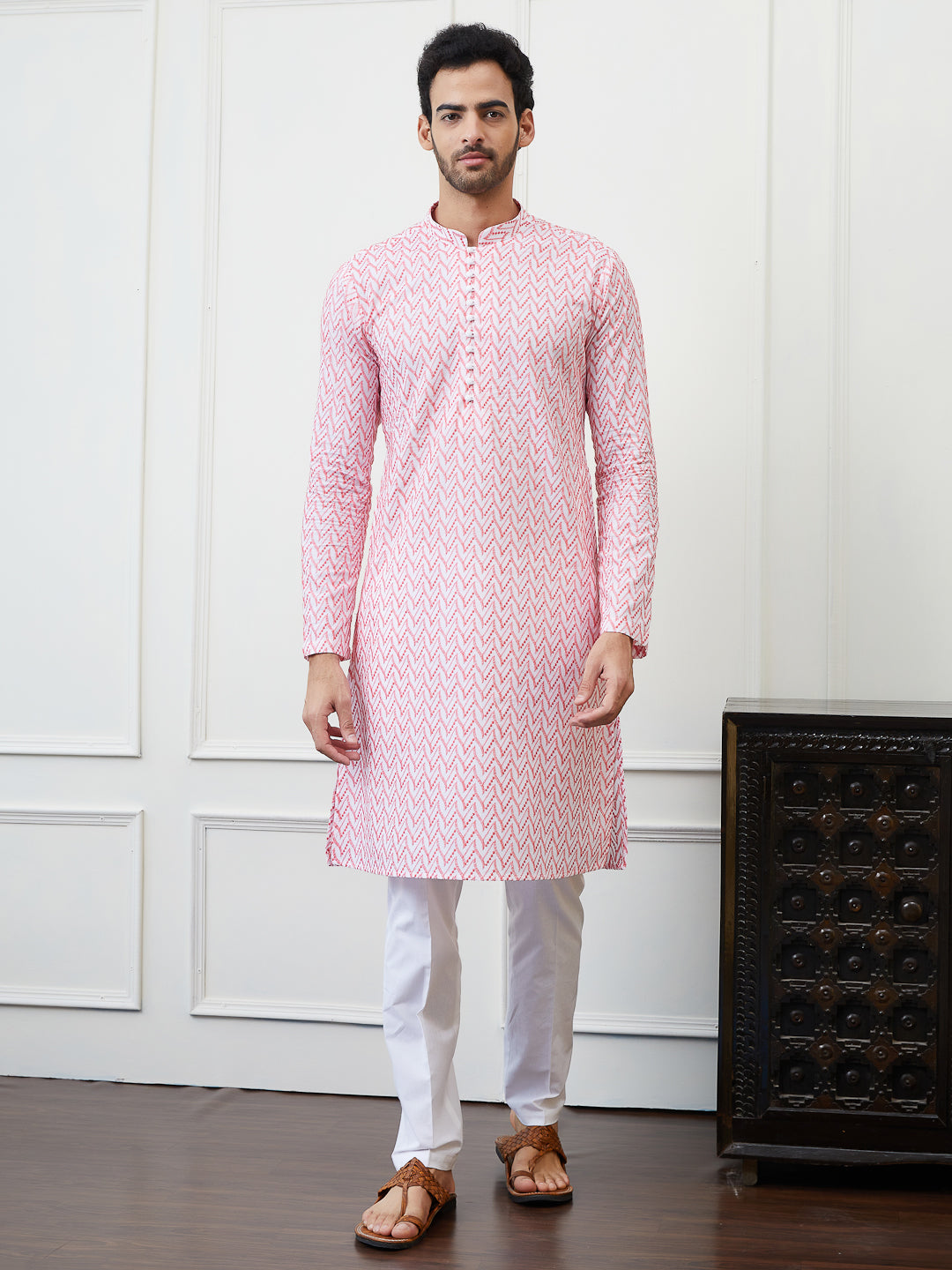 Men Orange And White Chikankari Embroidered Cotton Kurta