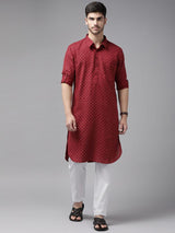 Men Maroon Regular Pure Cotton Pathani Printed Men's Kurta With White Salwar