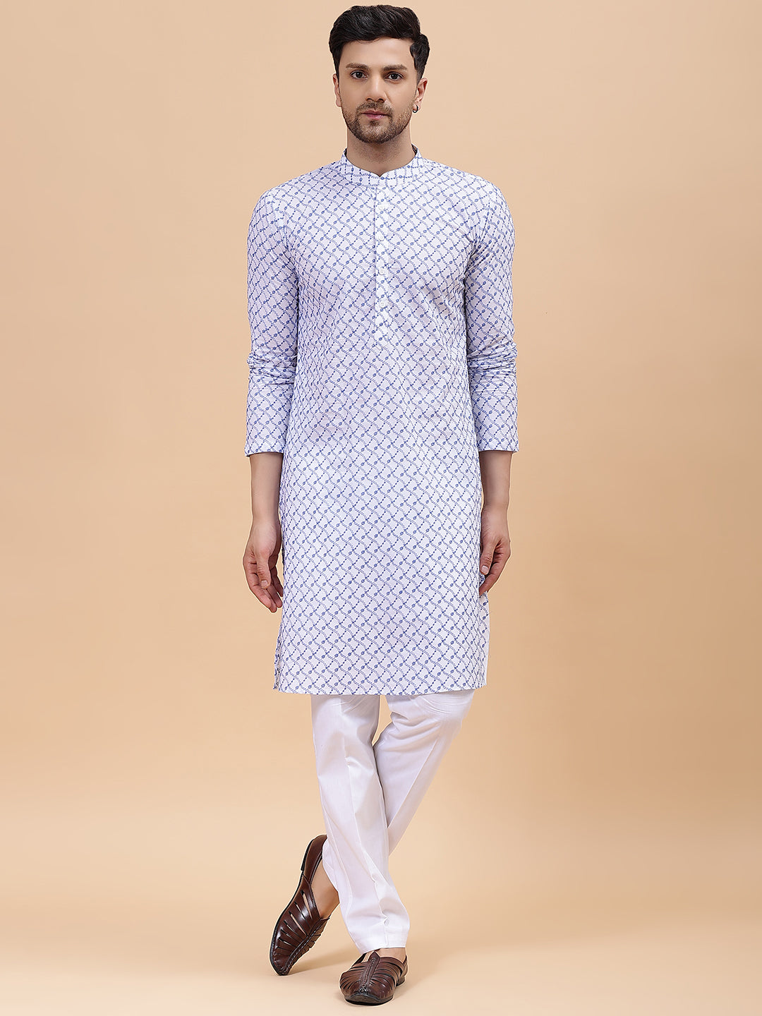 Men White & Blue Pure Cotton Embroidered Straight Kurta