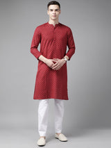 Men Maroon & Gold Printed Straight Kurta With Pyjama
