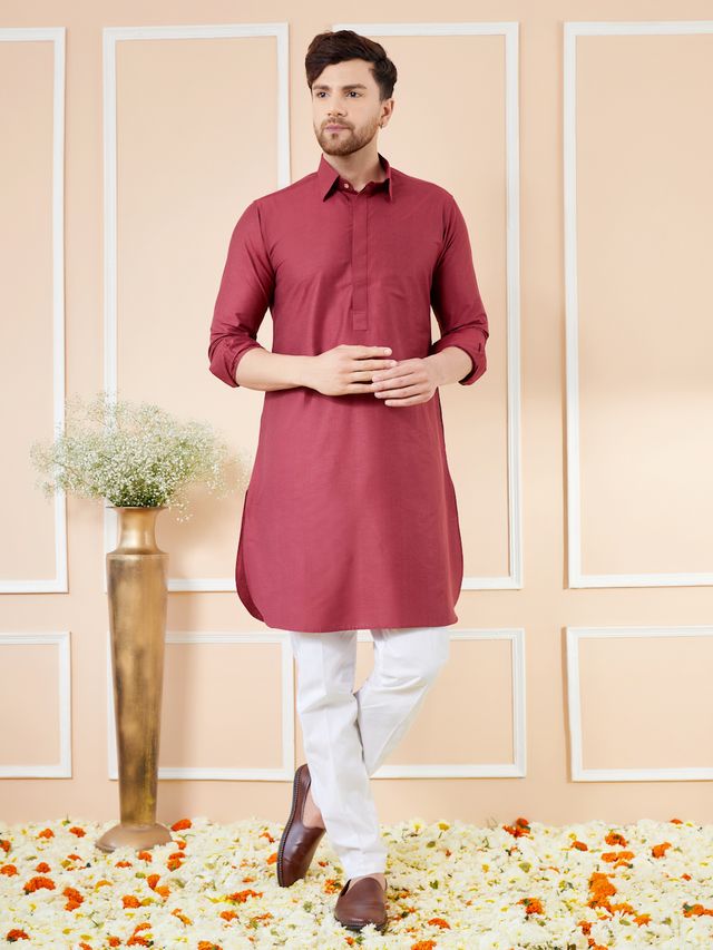 Men Maroon Cotton Solid Pathani Kurta