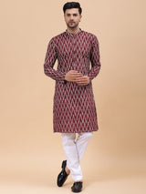 Men Maroon & White Pure Cotton Printed Straight Kurta With pyjama