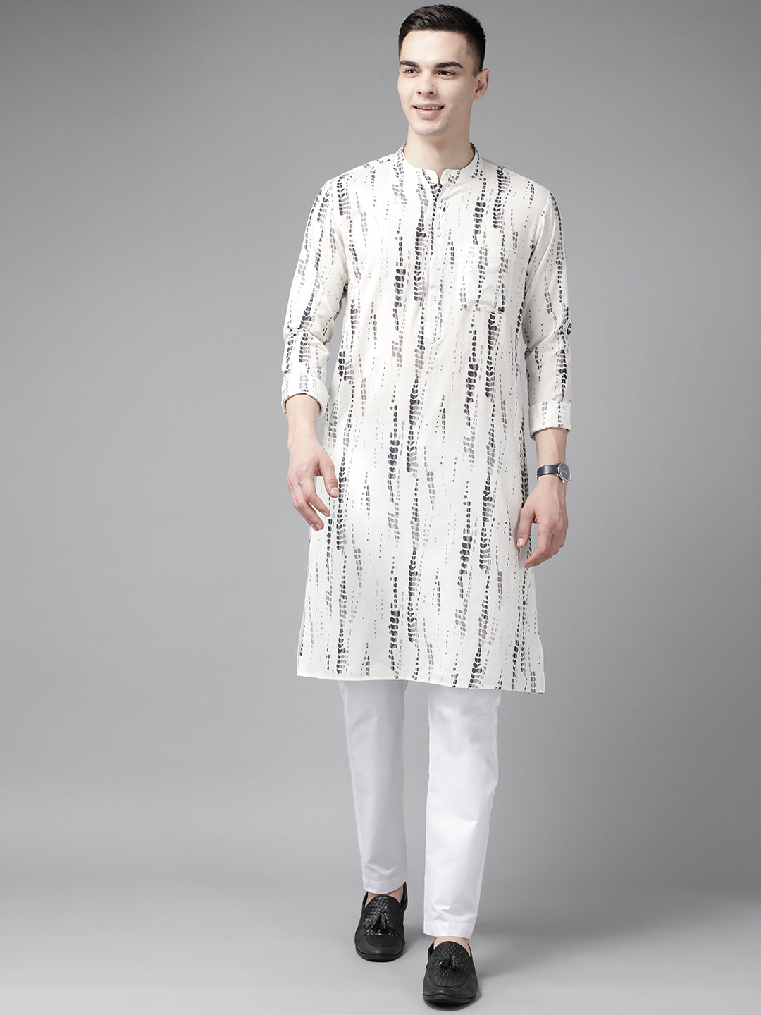 Men White Multi Tie and dye Print Design Straight Kurta