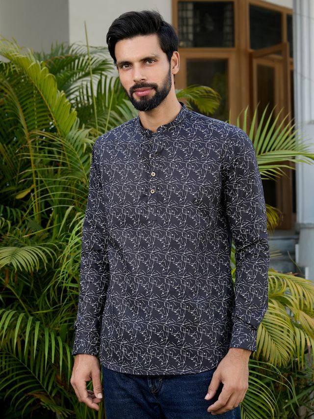 Black Geometric Printed Rayon Short Kurta