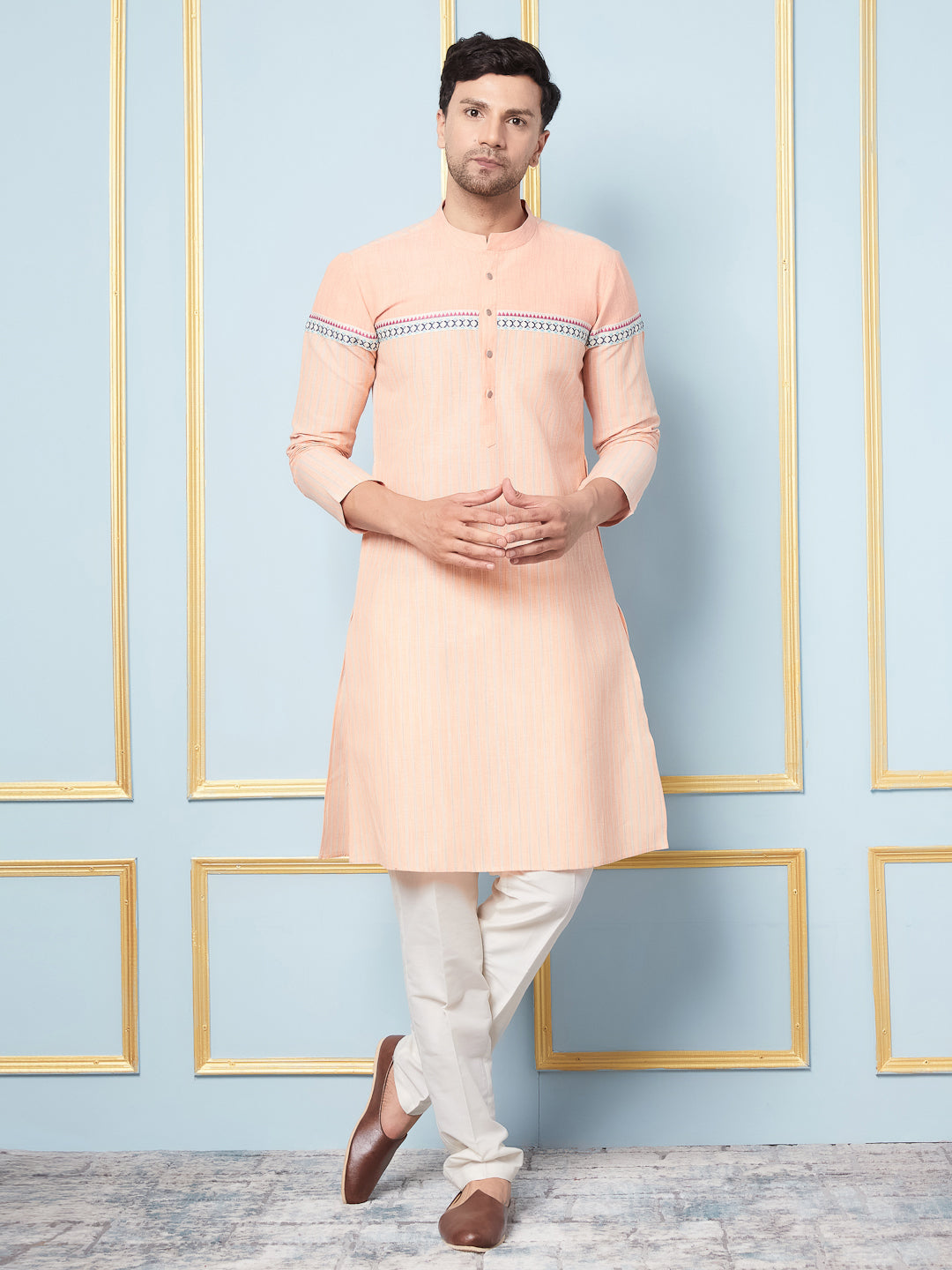 Men Peach And Weaving Design Kurta