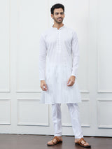 Men White Cotton Silver Thread Work & Sequince Kurta