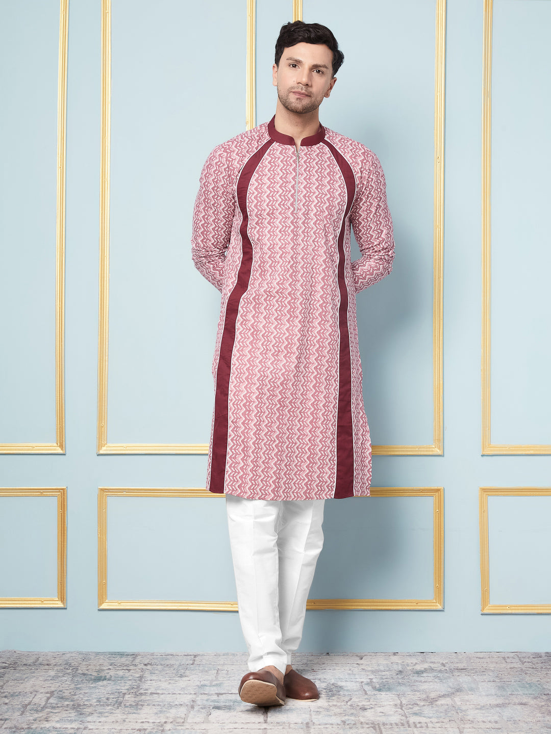 Men Pink And Maroon Printed Kurta