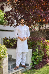 Men White Chikankari Embroidered Straight Kurta With White Salwar