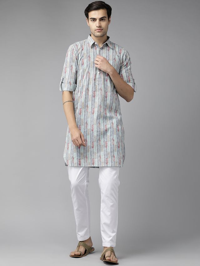 Men Multicolored Regular Pure Cotton Pathani Printed Men's Kurta With White Salwar