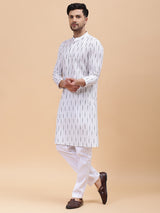 Men White & Grey Pure Cotton Printed Straight Kurta