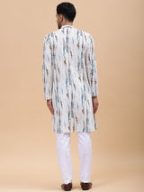 Men White & Blue Pure Cotton Printed Straight Kurta