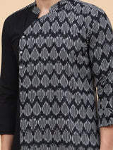 Men White And Black Ikat Printed Kurta