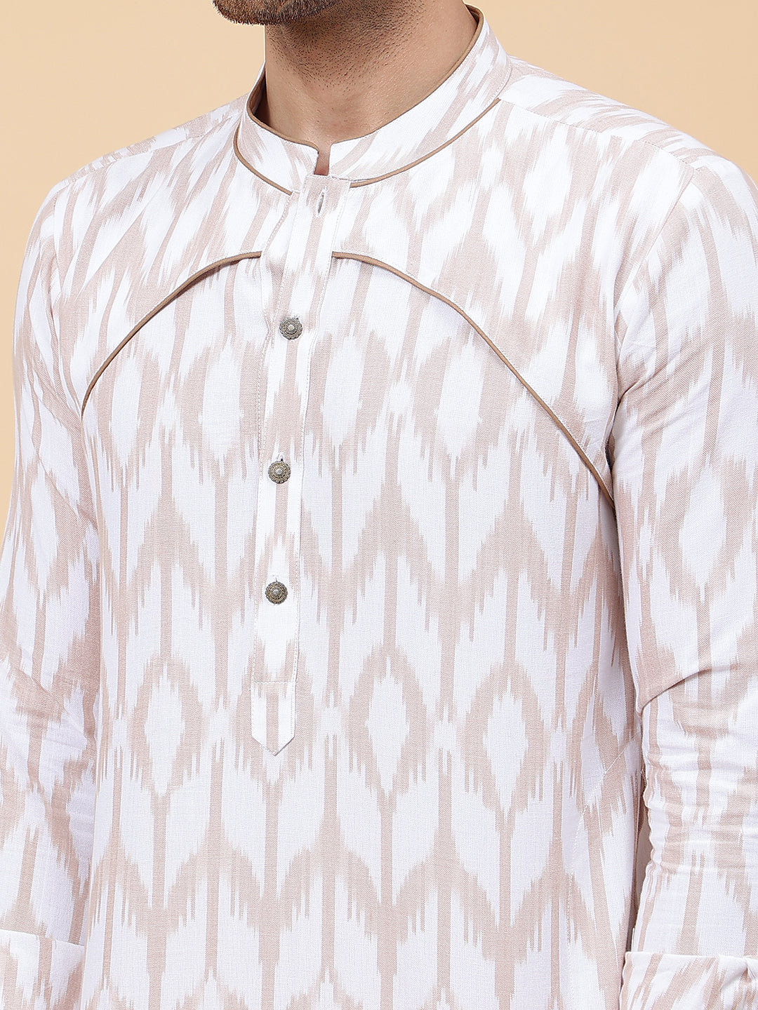 Men White And Coffee Ikat Printed Kurta