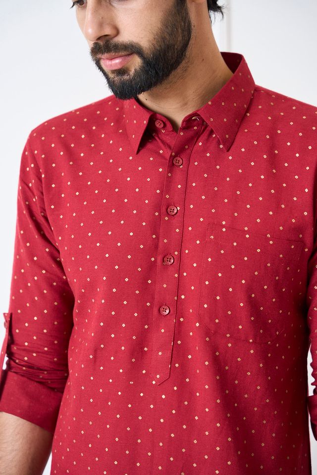 Men Maroon Regular Pure Cotton Pathani Kurta With Gold Pyjama