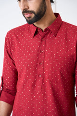 Men Maroon Regular Pure Cotton Pathani Kurta With Gold Pyjama