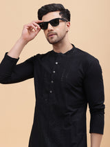 Men Black Pure Cotton Embroidered Straight Kurta