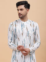 Men White & Blue Pure Cotton Printed Straight Kurta