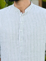 Green Woven Striped Cotton Short Kurta