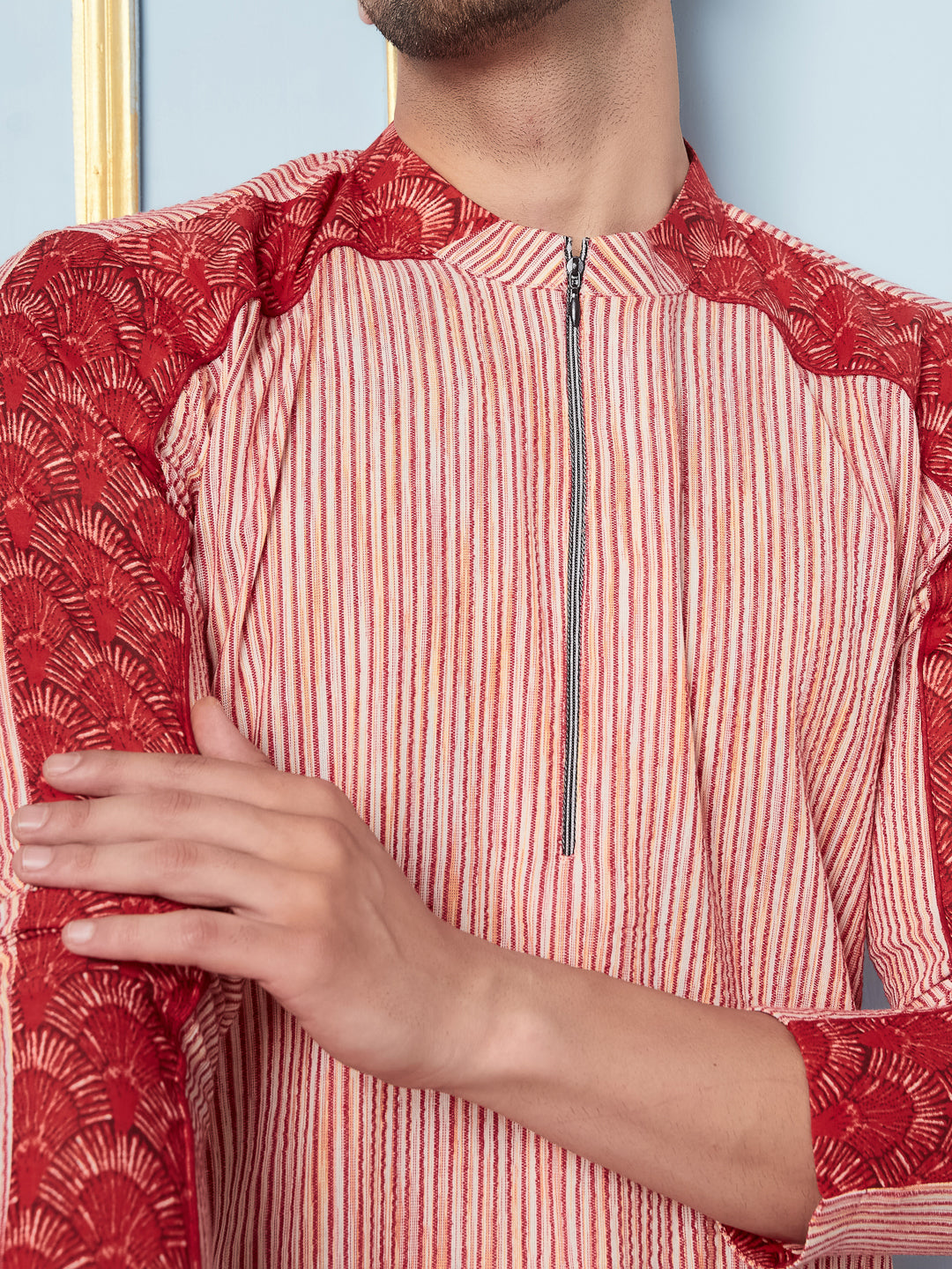 Men Pink And Maroon Thread Work Kurta