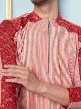 Men Pink And Maroon Thread Work Kurta