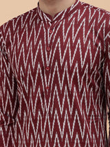 Men Maroon & White Pure Cotton Printed Straight Kurta With pyjama