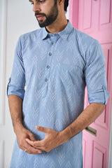 Men Light Grey Regular Pure Cotton Pathani Kurta With Black Salwar