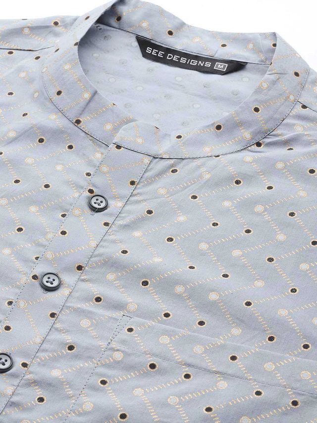 Men Grey & Gold Printed Straight Kurta With Pyjama