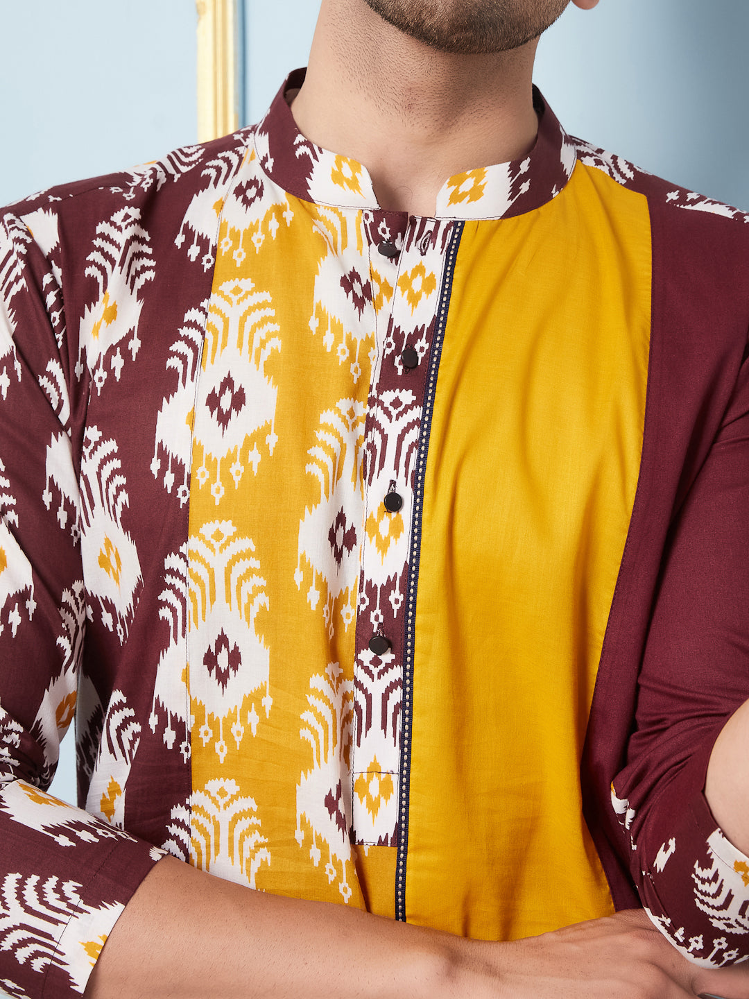 Men Maroon,Mustard And White Printed Kurta