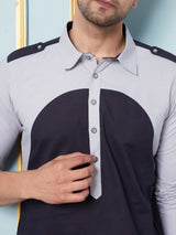 Men Navy Blue And Silver Solid Kurta