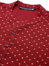 Men Maroon & Gold Printed Straight Kurta With Pyjama