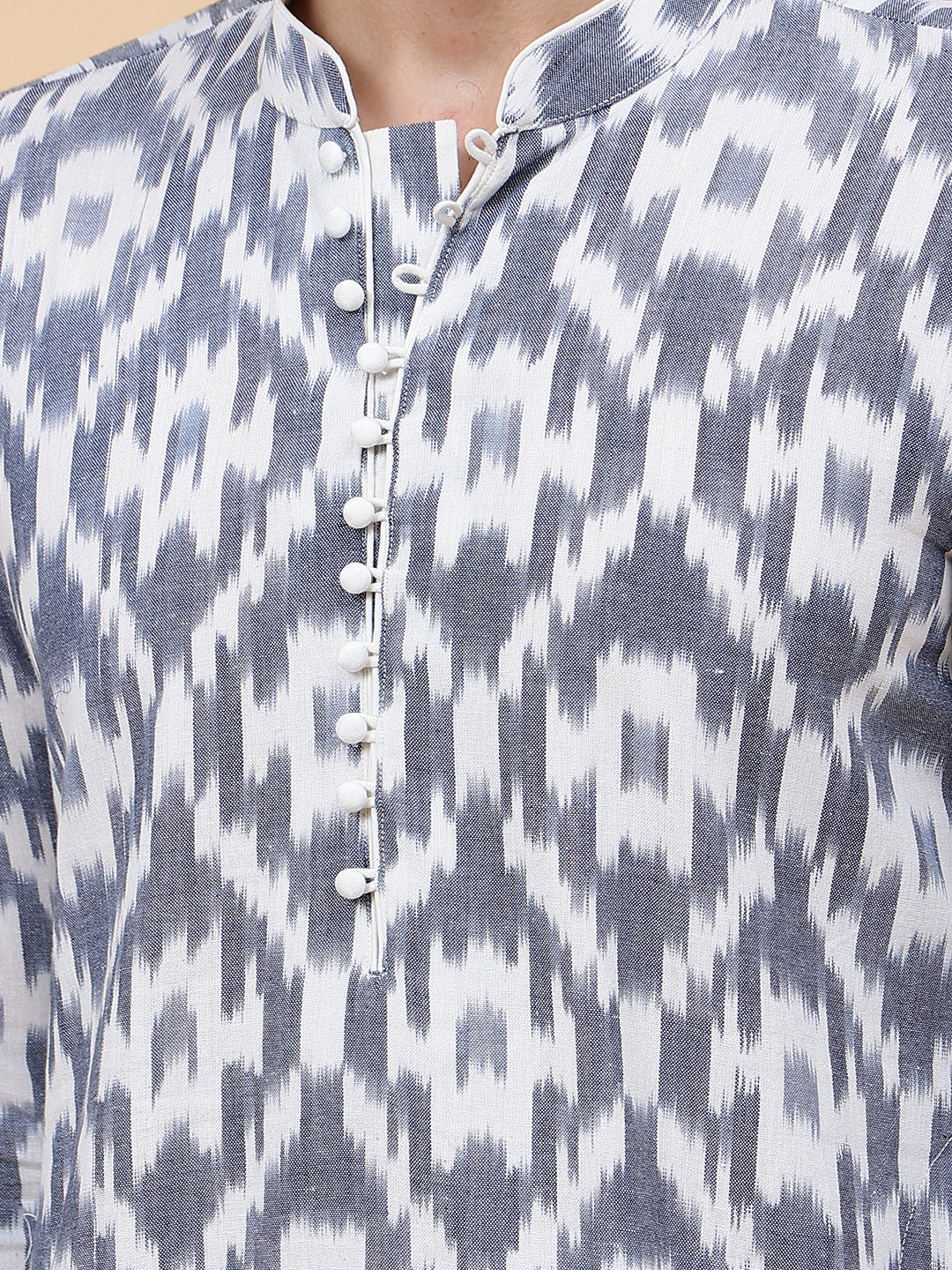 Men White And Grey Ikat Printed Kurta