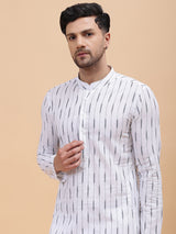 Men White & Grey Pure Cotton Printed Straight Kurta
