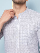 Men Grey & White Printed Cotton Short Kurta