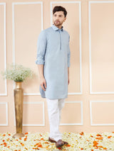 Men Blue Cotton Solid Pathani Kurta