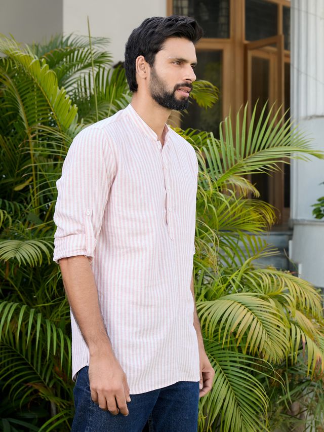 Peach Woven Striped Cotton Short Kurta