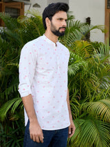 White Woven Cotton Short Kurta