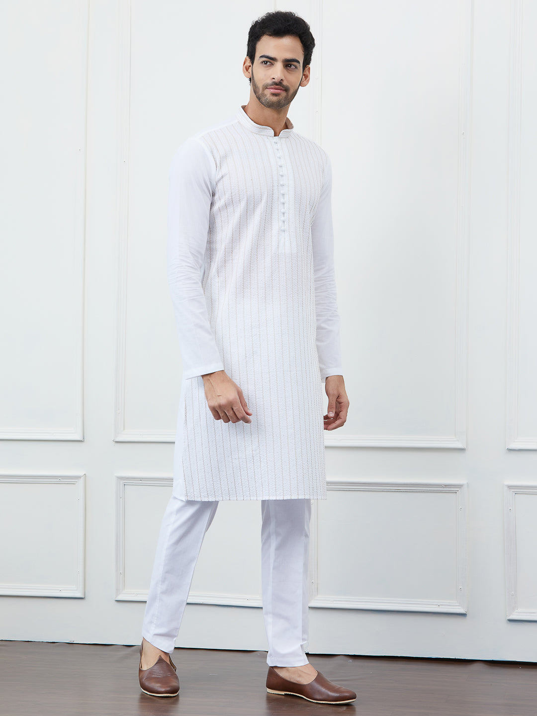 Men White Cotton Gold Thread Work & Sequince Kurta