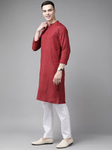 Men Maroon & Gold Printed Straight Kurta With Pyjama