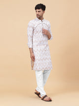 Men White And Coffee Ikat Printed Kurta